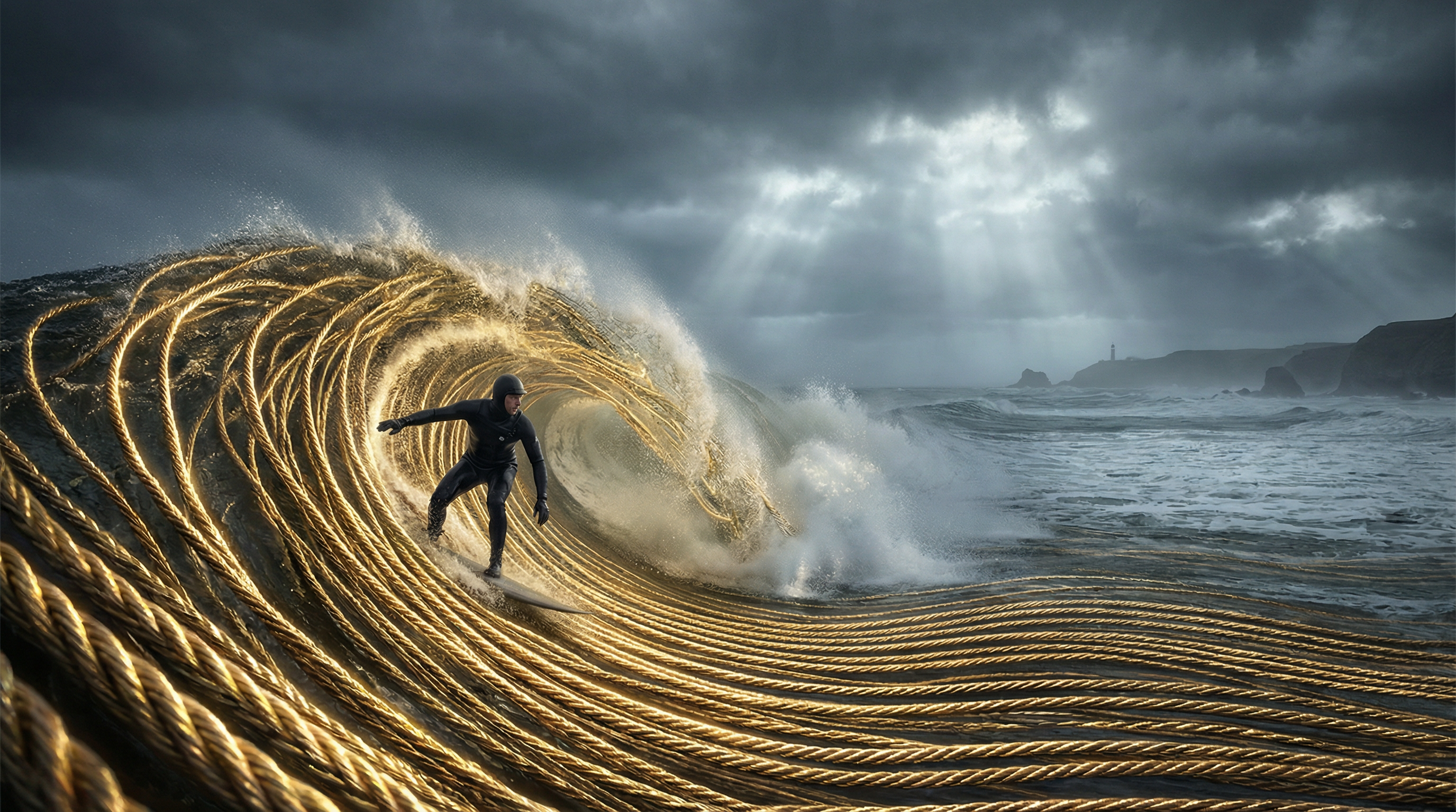 Surfer riding a wave made of guitar strings, Cold Hawaii hard rock